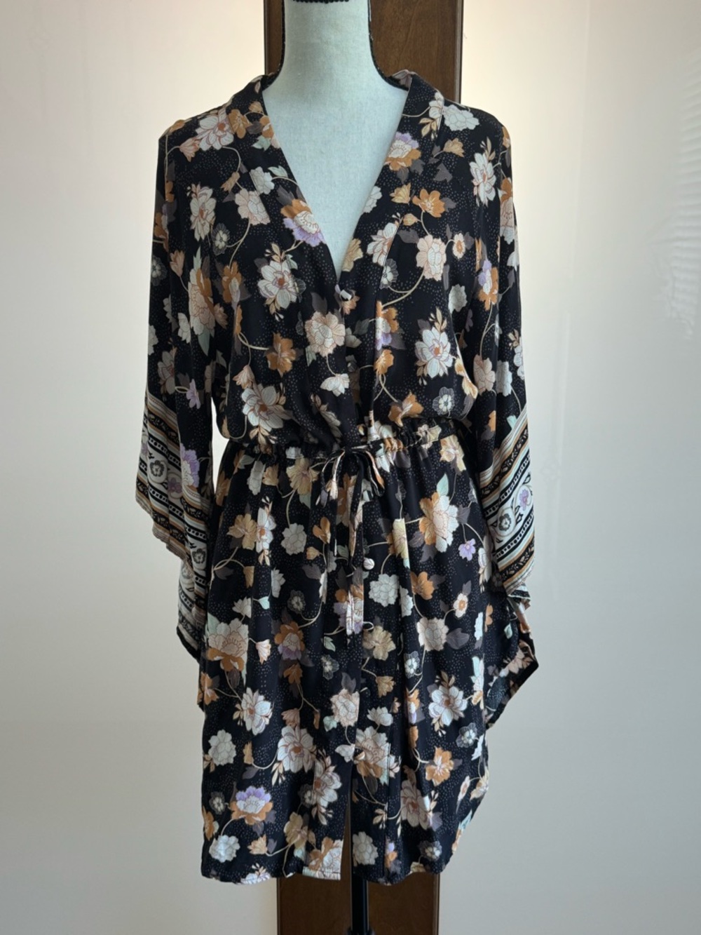 Rip Curl Black Floral Dress with Cream, Purple & Rusty colored Accents